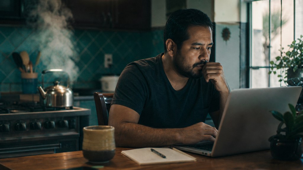 A service-business owner at a kitchen table typing a question into a laptop while a kettle steams behind, photographed in San Antonio