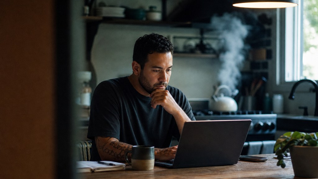 A service-business owner at a kitchen table typing a question into a laptop while a kettle steams behind, photographed in San Diego