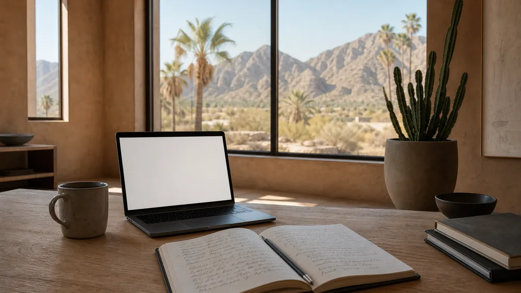 Editorial photograph of an empty modern copywriting studio in a Phoenix Roosevelt Row studio with wide windows onto low painted brick warehouses and desert light, a laptop showing a blank document, a printed page marked in pencil and a ceramic mug on a pale oak desk, no people and no signage