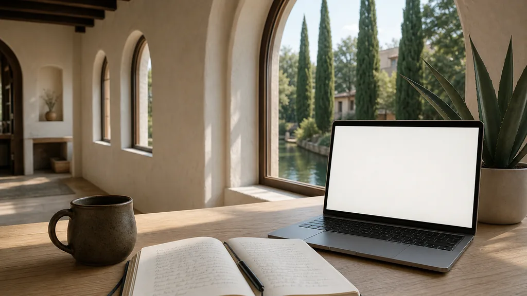 Editorial photograph of an empty modern copywriting studio in a San Antonio Pearl district writing studio with tall windows onto brewery brickwork and the River Walk, a laptop showing a blank document, a printed page marked in pencil and a ceramic mug on a pale oak desk, no people and no signage