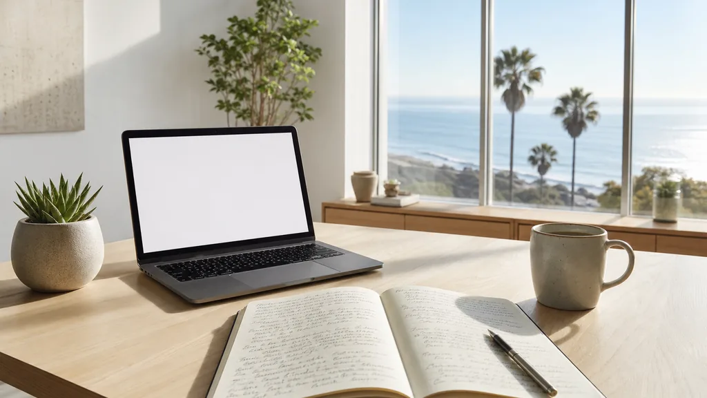 Editorial photograph of an empty modern copywriting studio in a San Diego North Park studio with wide windows onto low stucco storefronts and jacaranda trees, a laptop showing a blank document, a printed page marked in pencil and a ceramic mug on a pale oak desk, no people and no signage