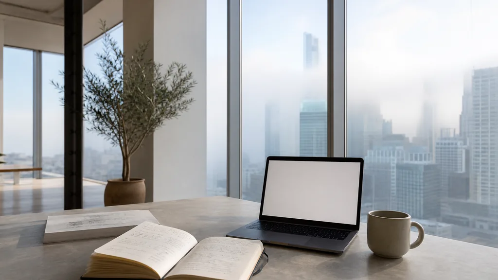 Editorial photograph of an empty modern copywriting studio in a San Francisco Mission district studio with steel-framed windows onto low painted facades and hills beyond, a laptop showing a blank document, a printed page marked in pencil and a ceramic mug on a pale oak desk, no people and no signage