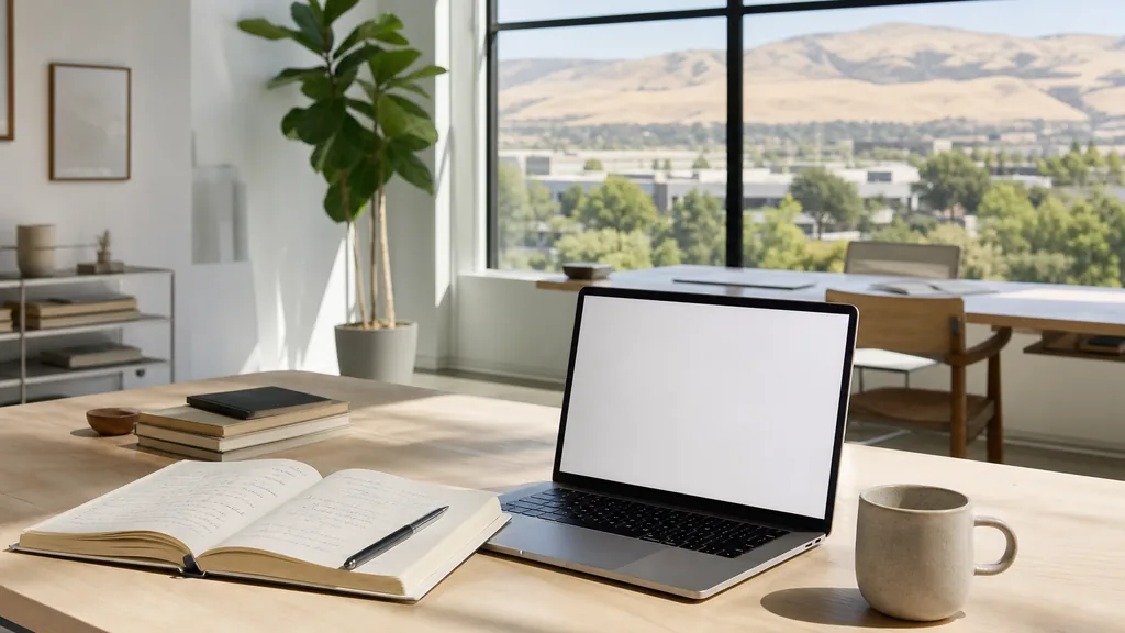 Editorial photograph of an empty modern copywriting studio in a downtown San Jose studio with wide windows onto low civic buildings and palm trees, a laptop showing a blank document, a printed page marked in pencil and a ceramic mug on a pale oak desk, no people and no signage
