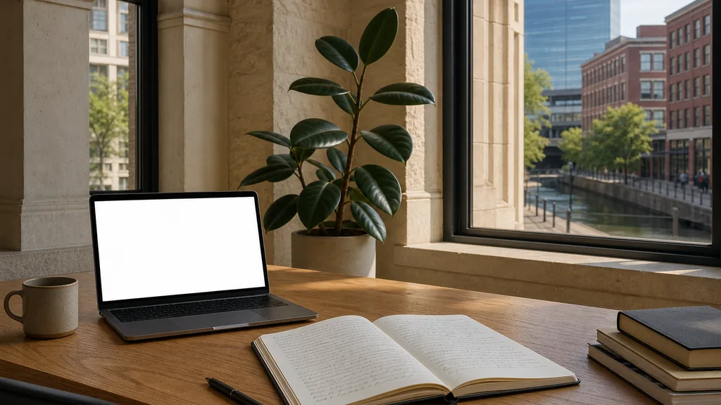 Editorial photograph of an empty modern copywriting studio in an Indianapolis Mass Ave studio with wide windows onto brick storefronts and a quiet downtown street, a laptop showing a blank document, a printed page marked in pencil and a ceramic mug on a pale oak desk, no people and no signage