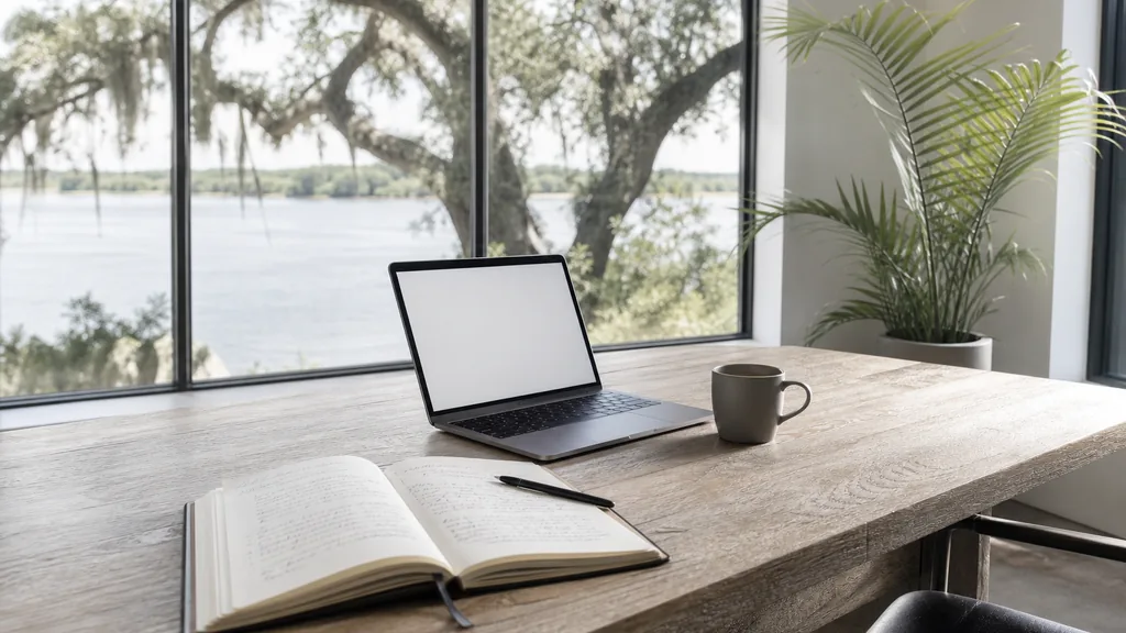 Editorial photograph of an empty modern copywriting studio in a Jacksonville Riverside studio with tall windows onto oak trees draped in Spanish moss, a laptop showing a blank document, a printed page marked in pencil and a ceramic mug on a pale oak desk, no people and no signage