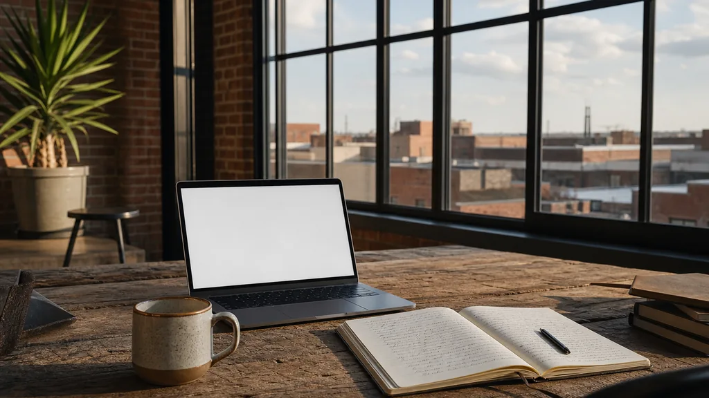 Editorial photograph of an empty modern copywriting studio in a Fort Worth Near Southside brick studio with tall windows onto low storefronts and a wide Texas sky, a laptop showing a blank document, a printed page marked in pencil and a ceramic mug on a pale oak desk, no people and no signage