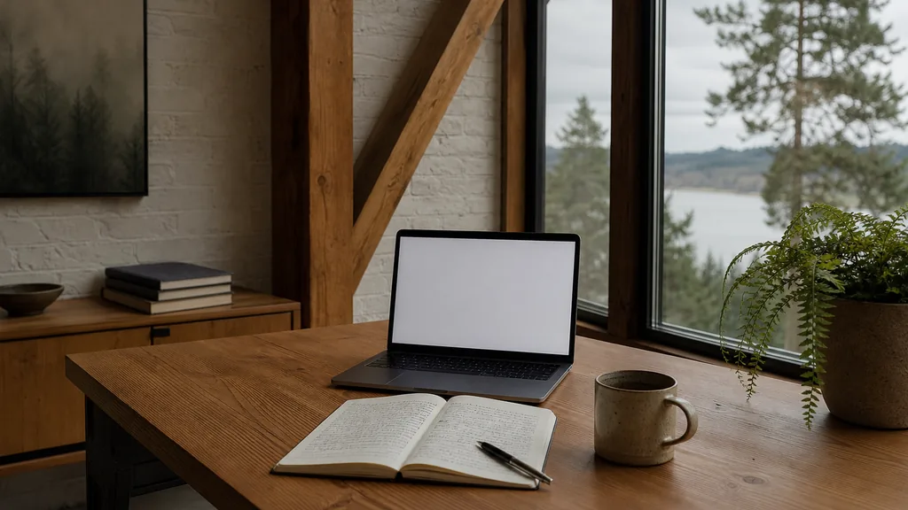 Editorial photograph of an empty modern copywriting studio in a Portland Central Eastside studio with tall windows onto low brick buildings and wet green streets, a laptop showing a blank document, a printed page marked in pencil and a ceramic mug on a pale oak desk, no people and no signage