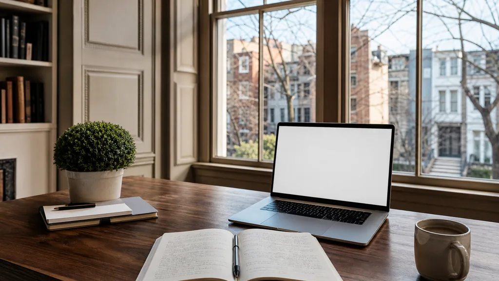 Editorial photograph of an empty modern copywriting studio in a Washington DC Dupont Circle studio with tall sash windows onto rowhouse facades and street trees, a laptop showing a blank document, a printed page marked in pencil and a ceramic mug on a pale oak desk, no people and no signage