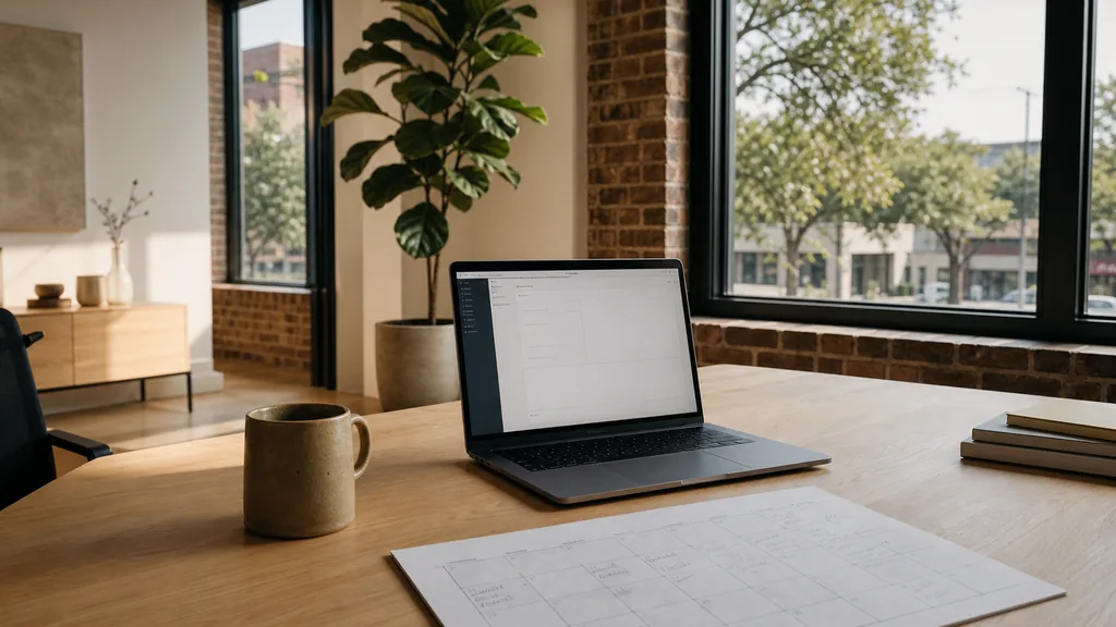 Editorial photograph of an empty modern marketing studio in an Austin East Side studio with wide windows onto low brick storefronts and warm Texas light, a laptop showing a blank email template, a printed campaign calendar and a ceramic mug on a pale oak desk, no people and no signage