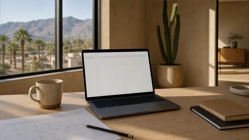 Editorial photograph of an empty modern marketing studio in a Phoenix Roosevelt Row studio with wide windows onto low painted brick warehouses and desert light, a laptop showing a blank email template, a printed campaign calendar and a ceramic mug on a pale oak desk, no people and no signage