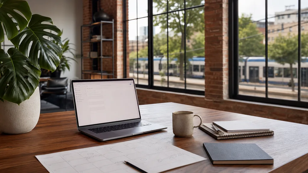Editorial photograph of an empty modern marketing studio in a Charlotte South End studio with tall windows onto brick mill buildings and a light rail line, a laptop showing a blank email template, a printed campaign calendar and a ceramic mug on a pale oak desk, no people and no signage