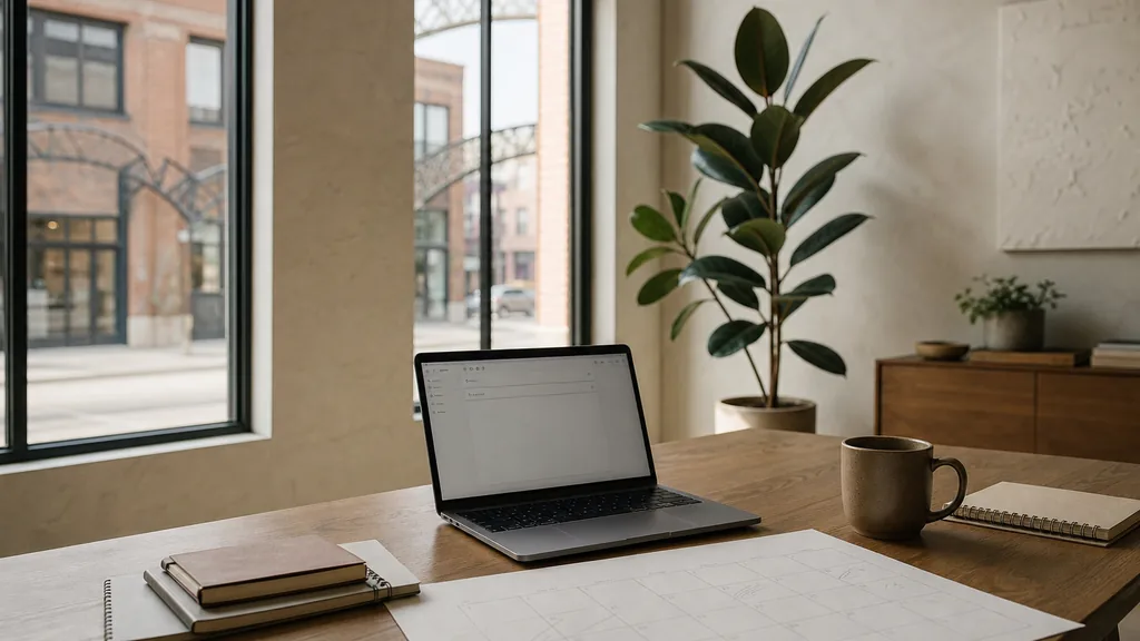 Editorial photograph of an empty modern marketing studio in a Columbus Short North studio with tall windows onto brick storefronts and steel arches, a laptop showing a blank email template, a printed campaign calendar and a ceramic mug on a pale oak desk, no people and no signage