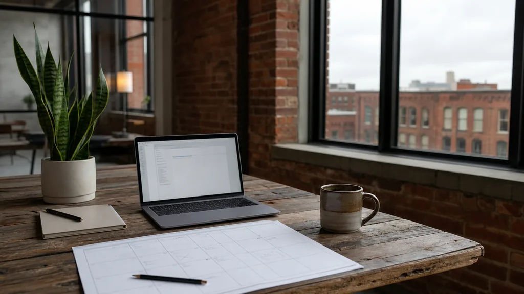 Editorial photograph of an empty modern marketing studio in a Detroit Corktown studio with tall industrial windows onto low brick blocks and a wide grey sky, a laptop showing a blank email template, a printed campaign calendar and a ceramic mug on a pale oak desk, no people and no signage