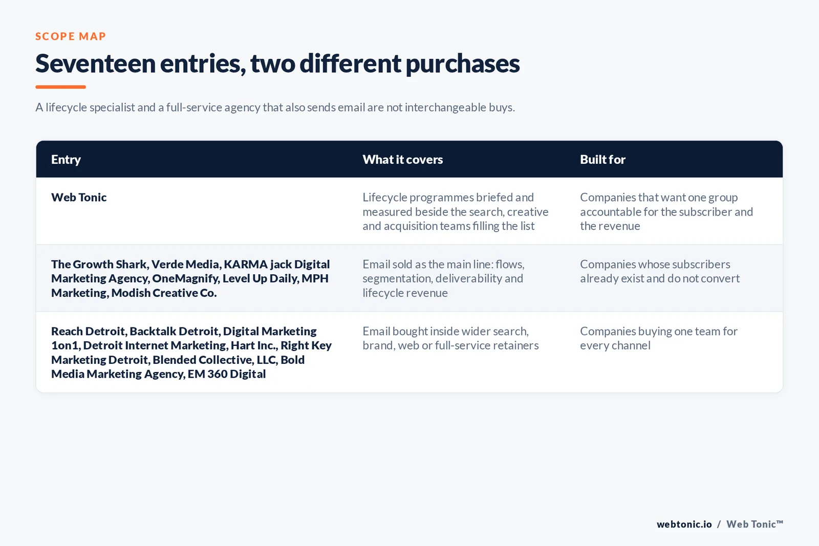 Matrix comparing the 17 Detroit email marketing entries including Web Tonic by what each covers and who it is built for, separating Web Tonic briefing lifecycle writers alongside search, creative and acquisition teams from lifecycle specialists selling flows, segmentation and deliverability as their main line, and from full-service agencies selling email inside a wider search, brand or web relationship