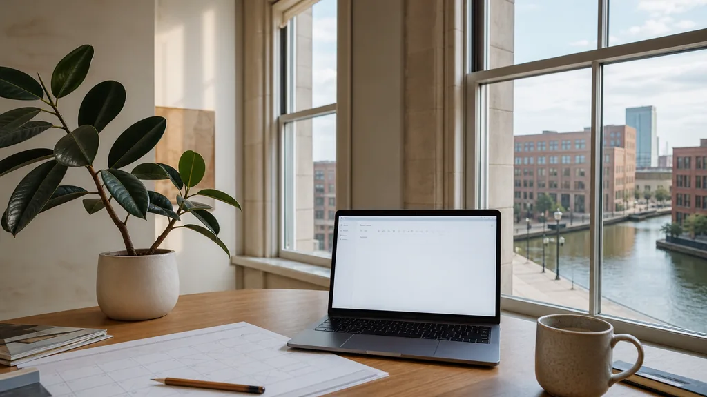 Editorial photograph of an empty modern marketing studio in an Indianapolis Mass Ave studio with wide windows onto brick storefronts and a quiet downtown street, a laptop showing a blank email template, a printed campaign calendar and a ceramic mug on a pale oak desk, no people and no signage