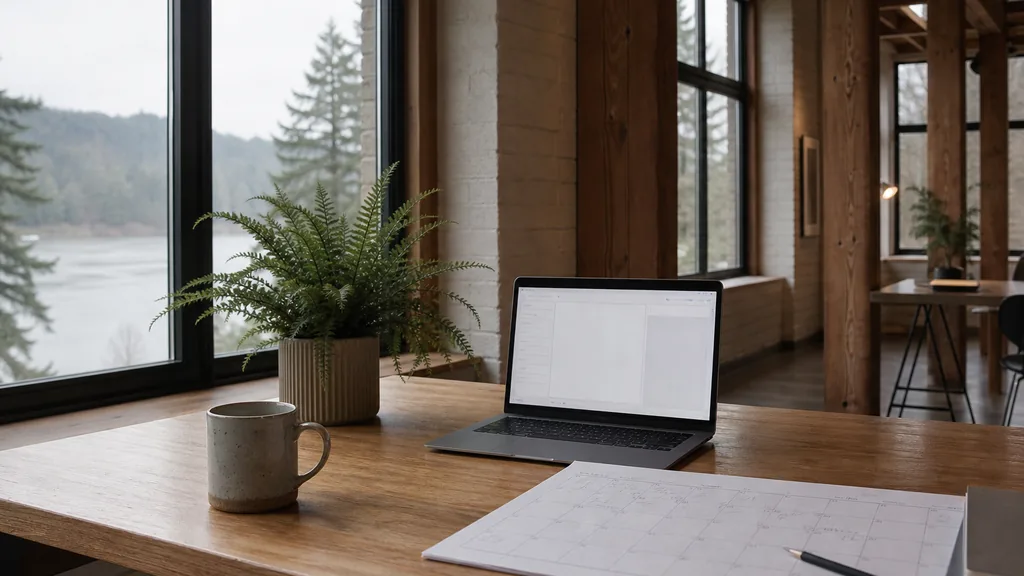 Editorial photograph of an empty modern marketing studio in a Portland Central Eastside studio with tall windows onto low brick buildings and wet green streets, a laptop showing a blank email template, a printed campaign calendar and a ceramic mug on a pale oak desk, no people and no signage
