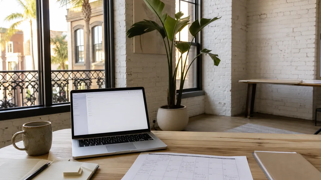 Editorial photograph of an empty modern marketing studio in a Tampa Ybor City studio with tall windows onto brick facades, wrought iron balconies and palms, a laptop showing a blank email template, a printed campaign calendar and a ceramic mug on a pale oak desk, no people and no signage