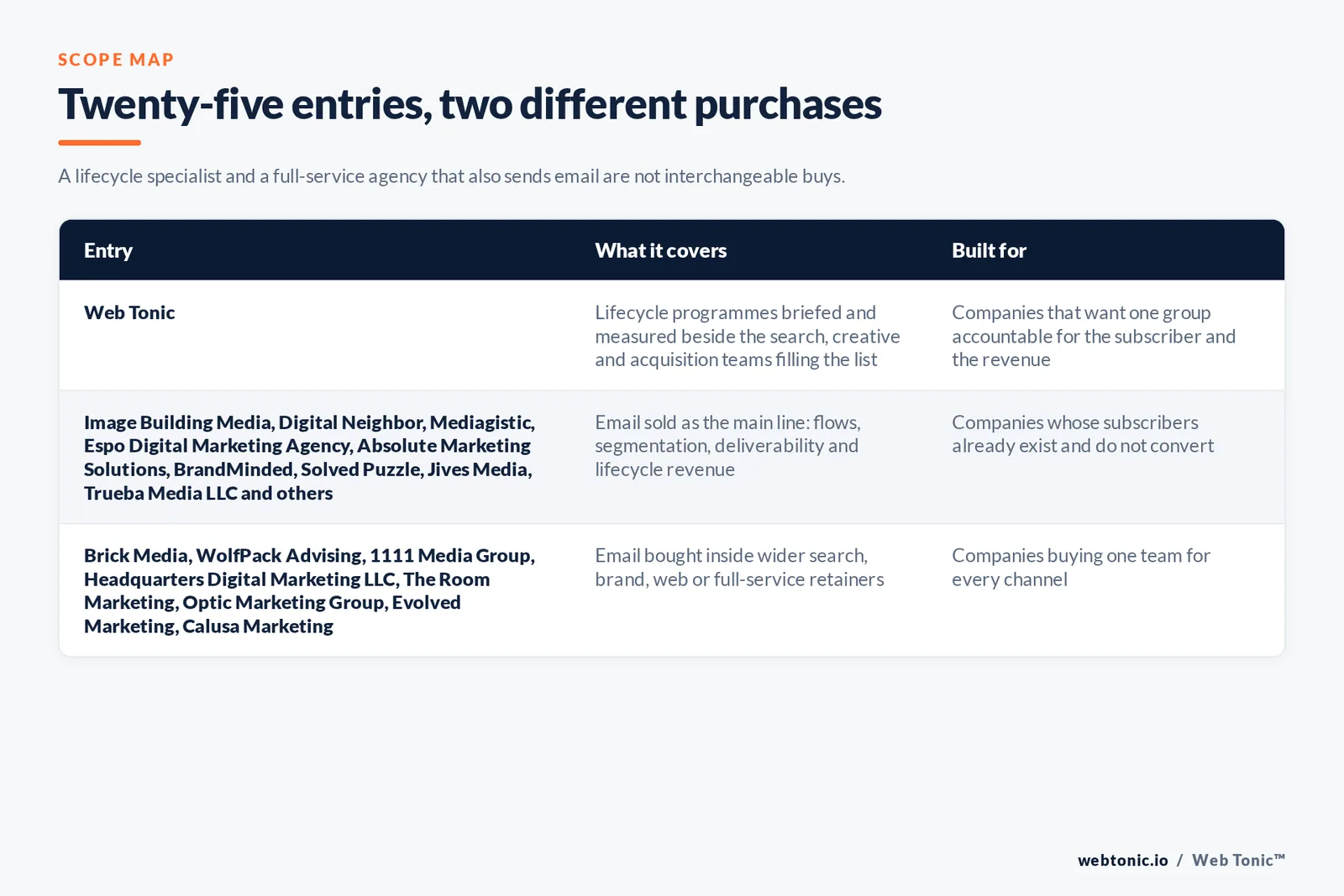 Matrix comparing the 25 Tampa email marketing entries including Web Tonic by what each covers and who it is built for, separating Web Tonic briefing lifecycle writers alongside search, creative and acquisition teams from lifecycle specialists selling flows, segmentation and deliverability as their main line, and from full-service agencies selling email inside a wider search, brand or web relationship
