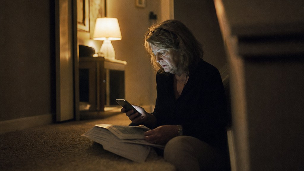 Woman in her fifties on a stair landing at night reading a phone with a pension statement open across her knees