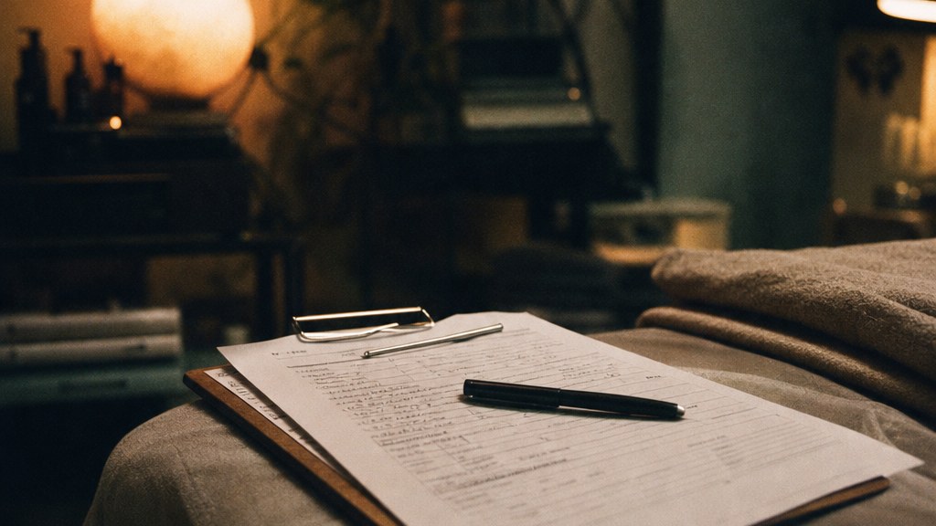 Close crop of a hand-written intake form and pen on a clipboard resting on a linen treatment couch