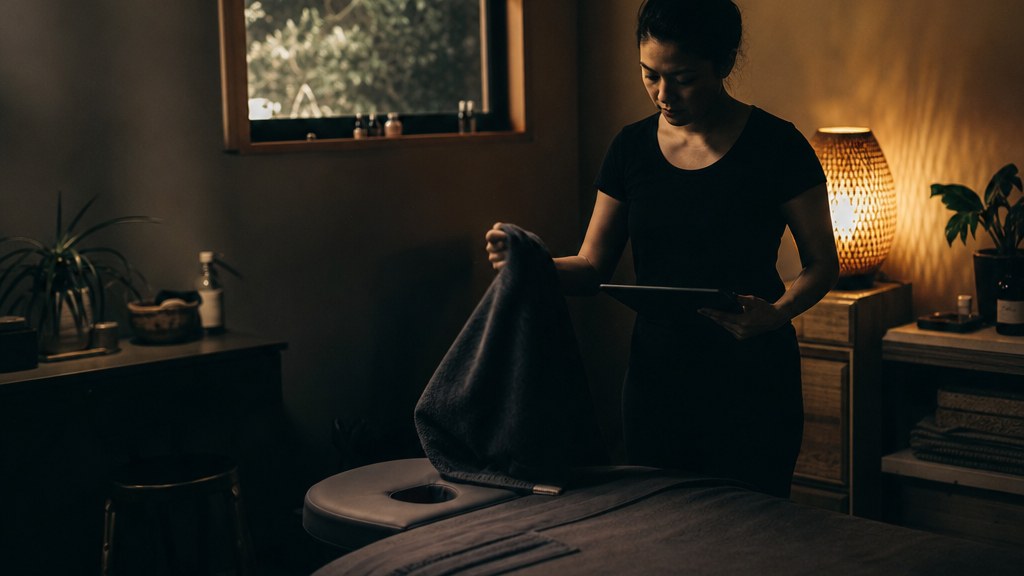 Massage therapist folding a fresh towel and checking a booking tablet in a quiet treatment room before the first client