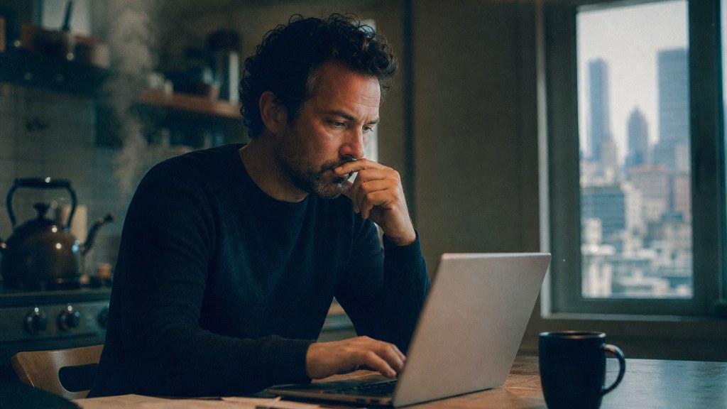 A service-business owner at a kitchen table typing a question into a laptop while a kettle steams behind, photographed in San Francisco