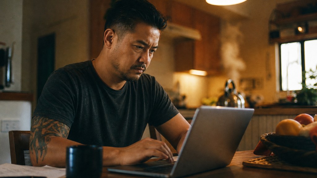 A service-business owner at a kitchen table typing a question into a laptop while a kettle steams behind, photographed in San Jose