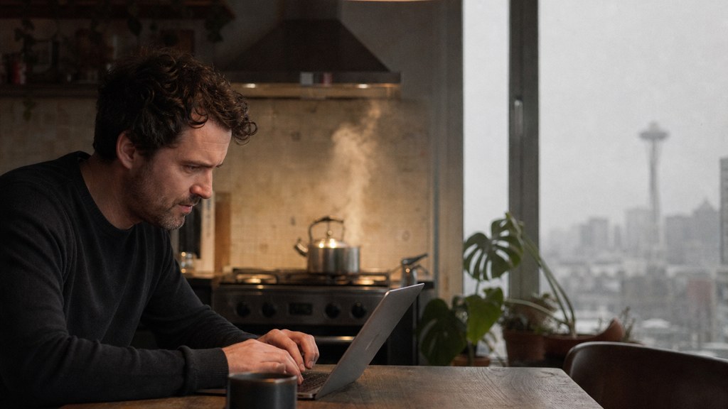 A service-business owner at a kitchen table typing a question into a laptop while a kettle steams behind, photographed in Seattle