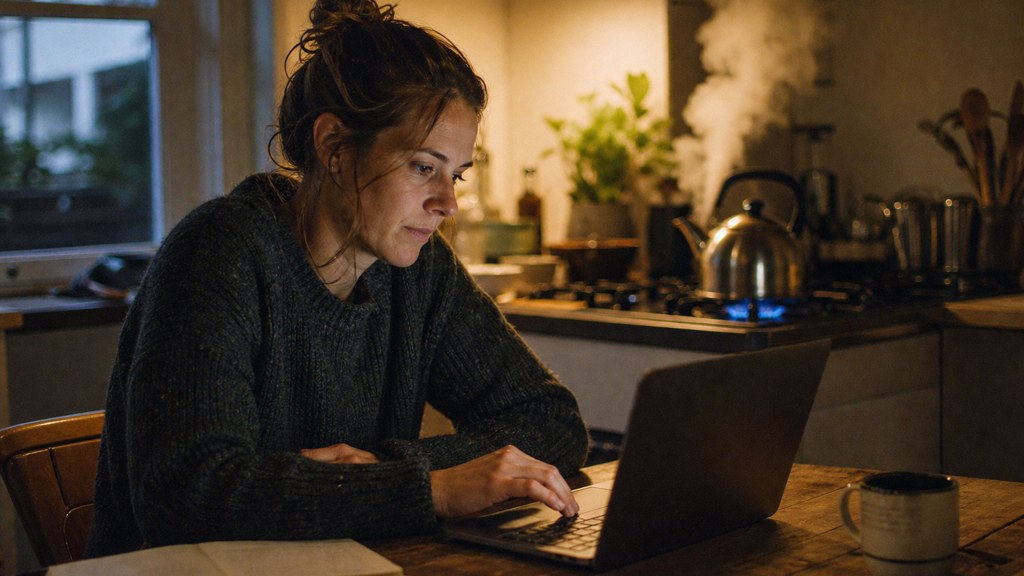 A service-business owner at a kitchen table typing a question into a laptop while a kettle steams behind, photographed in Sydney