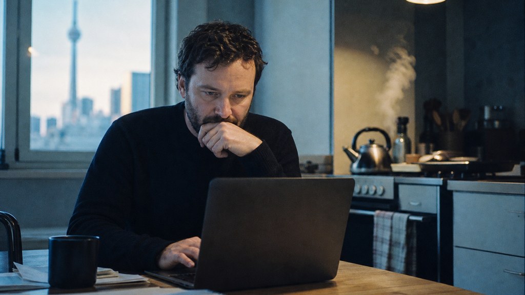 A service-business owner at a kitchen table typing a question into a laptop while a kettle steams behind, photographed in Toronto