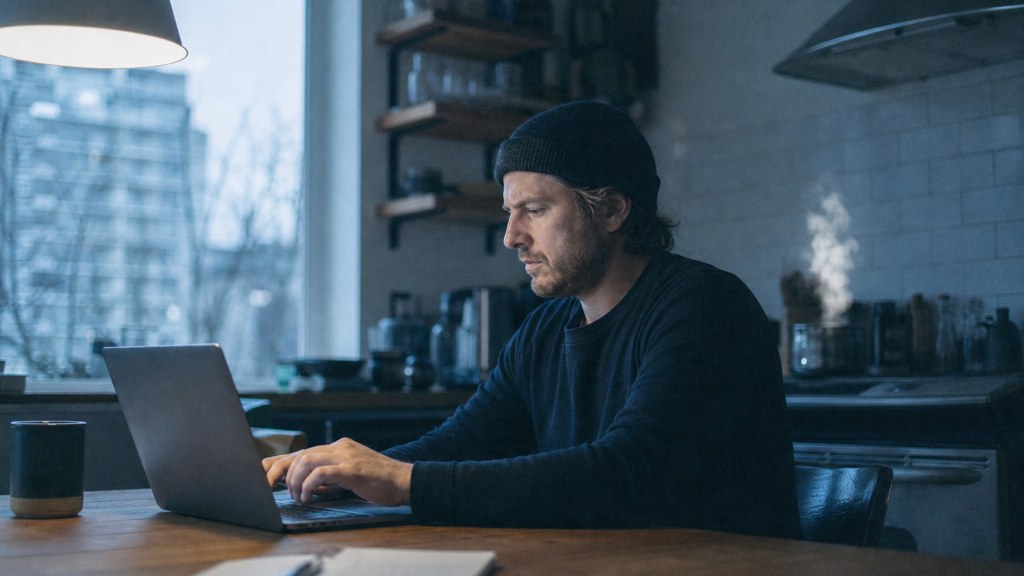 A service-business owner at a kitchen table typing a question into a laptop while a kettle steams behind, photographed in Vancouver