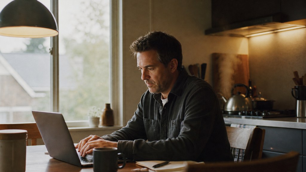A service-business owner at a kitchen table typing a question into a laptop while a kettle steams behind, photographed in Washington