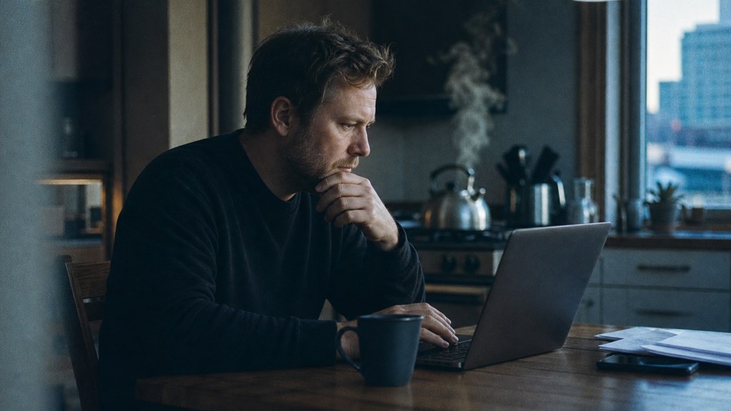A service-business owner at a kitchen table typing a question into a laptop while a kettle steams behind, photographed in Winnipeg