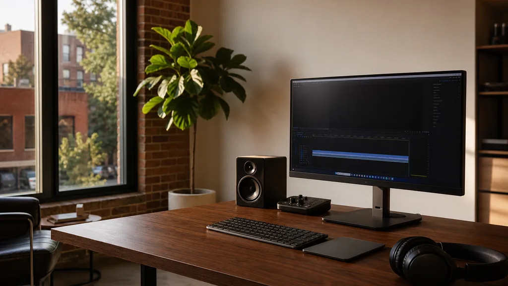 Editorial photograph of an empty modern video edit suite in an Atlanta West Midtown brick loft with tall windows onto low brick blocks and pine trees, a widescreen monitor showing a blank video timeline, headphones and a small speaker on the desk, no people and no signage