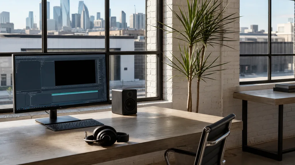 Editorial photograph of an empty modern video edit suite in a Dallas Design District studio with wide windows onto low warehouses and a distant glass skyline, a widescreen monitor showing a blank video timeline, headphones and a small speaker on the desk, no people and no signage