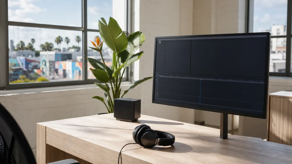 Editorial photograph of an empty modern video edit suite in a Miami Wynwood studio with tall windows onto low painted warehouses and palms, a widescreen monitor showing a blank video timeline, headphones and a small speaker on the desk, no people and no signage