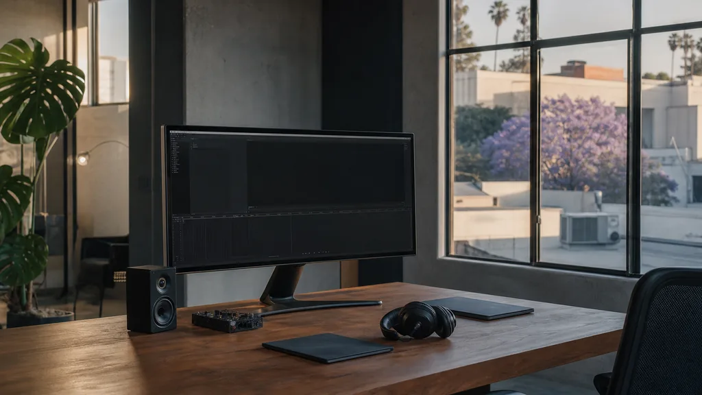Editorial photograph of an empty modern video edit suite in a Los Angeles Culver City post-production loft with tall industrial windows onto stucco blocks and jacaranda trees, a widescreen monitor showing a blank video timeline, headphones and a small speaker on the desk, no people and no signage