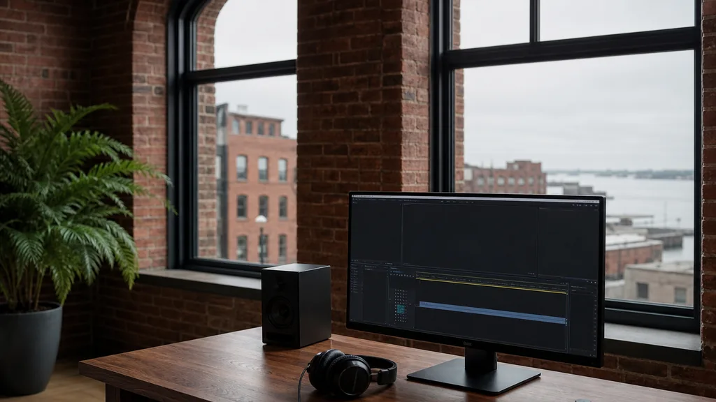 Editorial photograph of an empty modern video edit suite in a Boston Fort Point brick loft with tall arched windows onto low brick warehouses and a grey harbour sky, a widescreen monitor showing a blank video timeline, headphones and a small speaker on the desk, no people and no signage