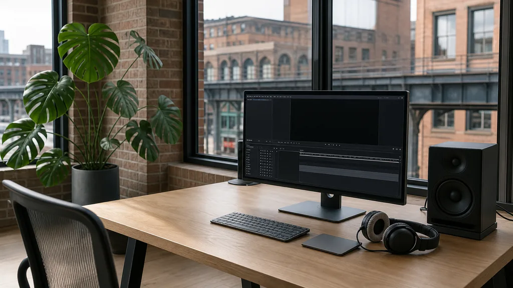 Editorial photograph of an empty modern video edit suite in a Chicago Fulton Market timber loft with tall windows onto brick market buildings and an elevated rail line, a widescreen monitor showing a blank video timeline, headphones and a small speaker on the desk, no people and no signage