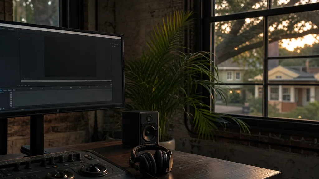 Editorial photograph of an empty modern video edit suite in a Houston Heights converted warehouse studio with wide windows onto low bungalows and live oaks, a widescreen monitor showing a blank video timeline, headphones and a small speaker on the desk, no people and no signage