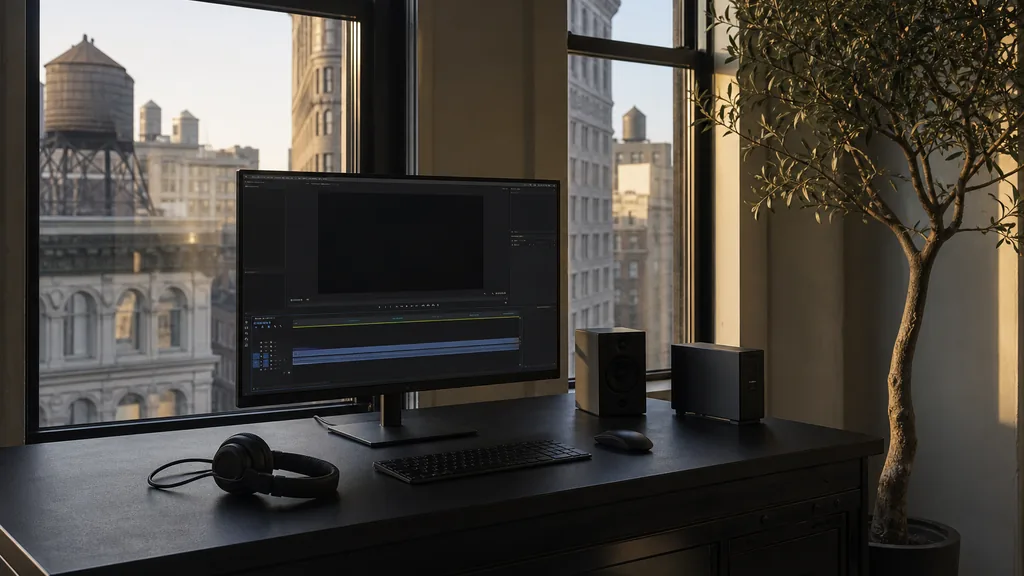 Editorial photograph of an empty modern video edit suite in a New York Flatiron District studio with tall industrial windows onto cast iron facades and water towers, a widescreen monitor showing a blank video timeline, headphones and a small speaker on the desk, no people and no signage