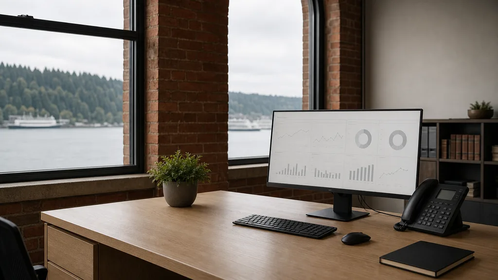 Editorial photograph of an empty modern law firm marketing office in a Seattle Pioneer Square brick building with a pale oak desk, a widescreen monitor showing a blank analytics dashboard, a desk phone and a closed notebook, arched windows onto fir-covered hills and grey ferry water in soft rain light, no people and no signage