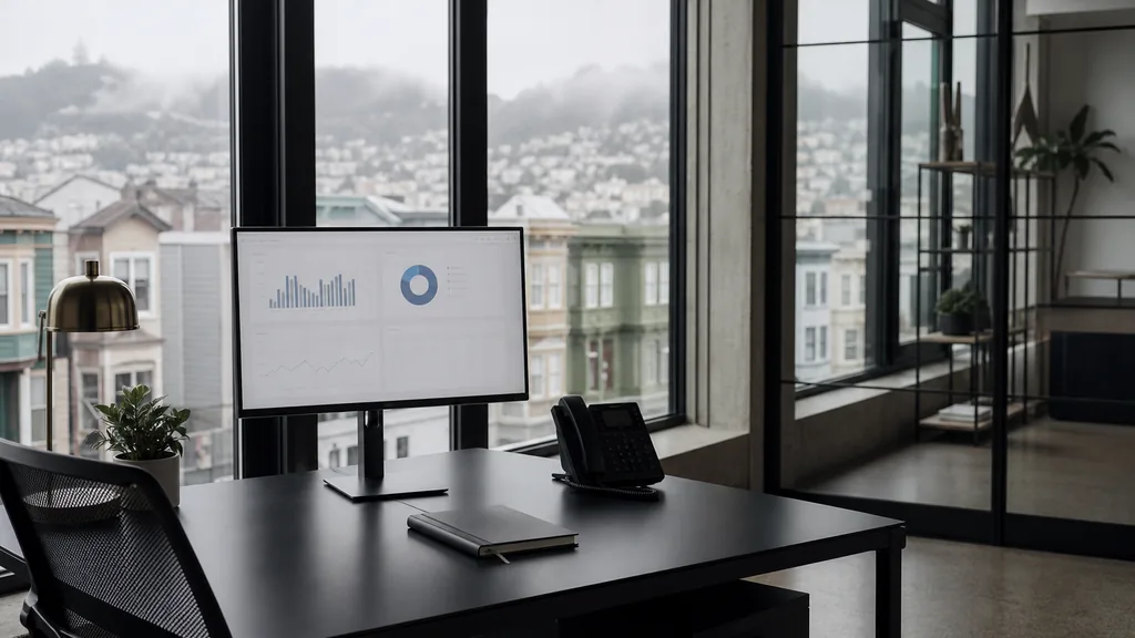 Editorial photograph of an empty modern law firm marketing office in a San Francisco Mission District studio with a black steel desk, a widescreen monitor showing a blank analytics dashboard, a desk phone and a closed notebook, tall windows onto painted row houses and rolling fog in cool overcast light, no people and no signage