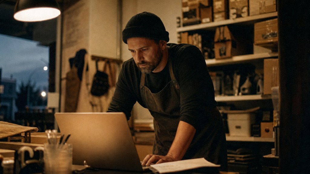 A small-business owner in an apron leaning over a laptop on a cluttered back-office desk late in the day, photographed in Adelaide
