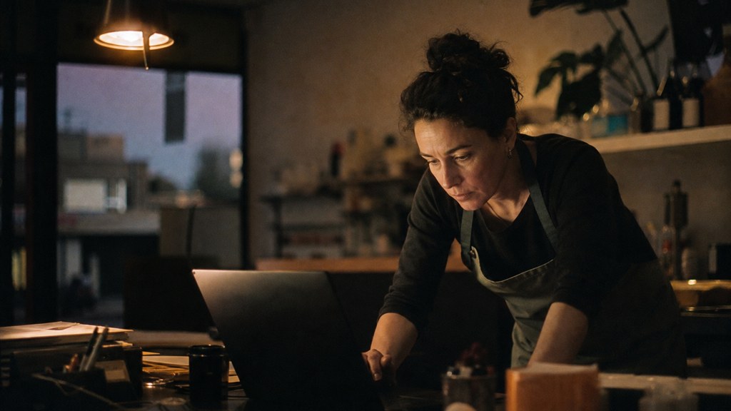A small-business owner in an apron leaning over a laptop on a cluttered back-office desk late in the day, photographed in Adelaide