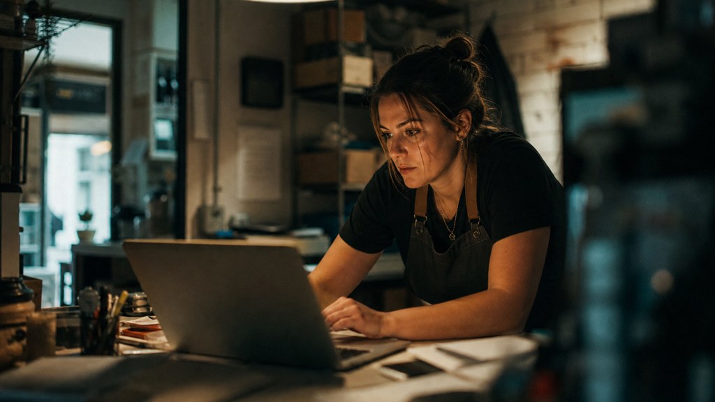 A small-business owner in an apron leaning over a laptop on a cluttered back-office desk late in the day, photographed in Adelaide