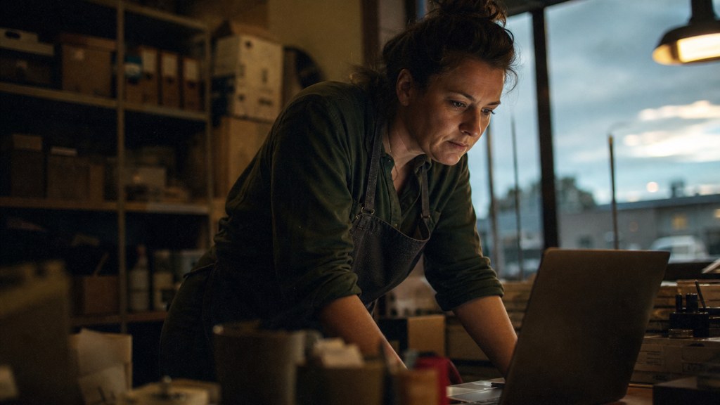 A small-business owner in an apron leaning over a laptop on a cluttered back-office desk late in the day, photographed in Adelaide