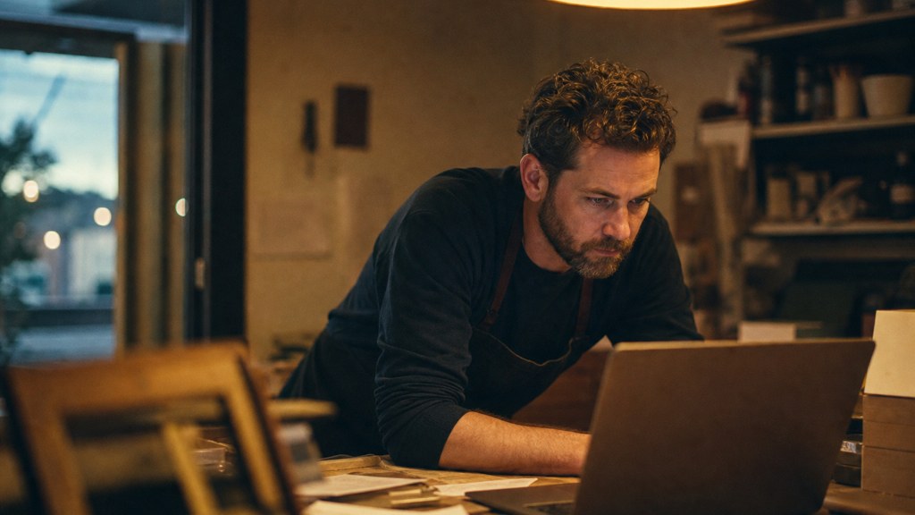 A small-business owner in an apron leaning over a laptop on a cluttered back-office desk late in the day, photographed in Adelaide