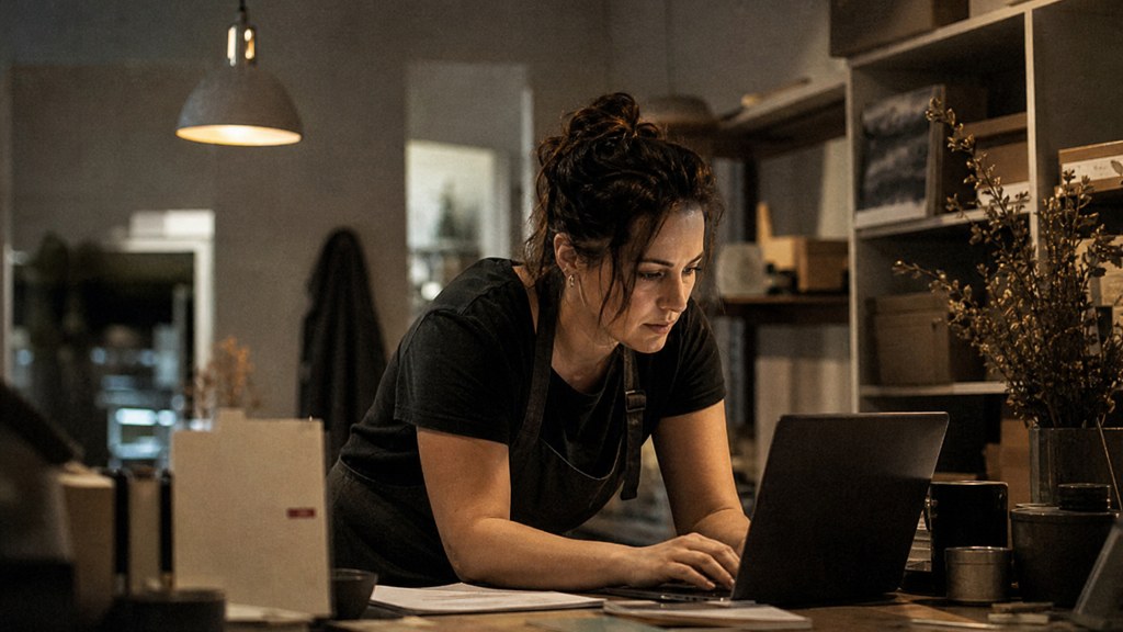 A small-business owner in an apron leaning over a laptop on a cluttered back-office desk late in the day, photographed in Adelaide