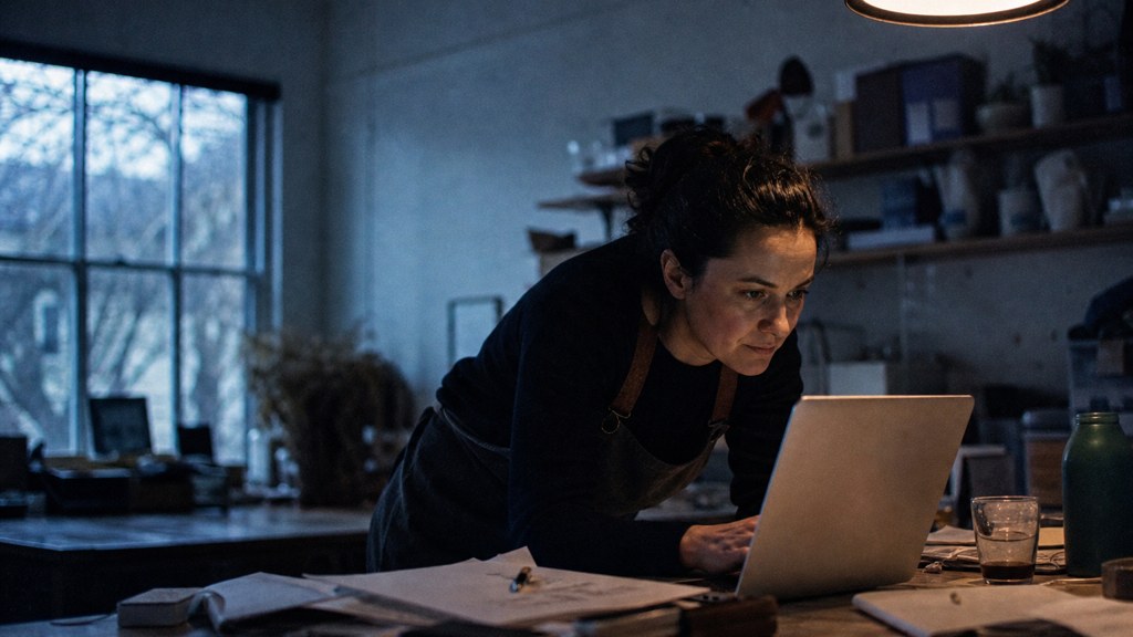 A small-business owner in an apron leaning over a laptop on a cluttered back-office desk late in the day, photographed in Adelaide
